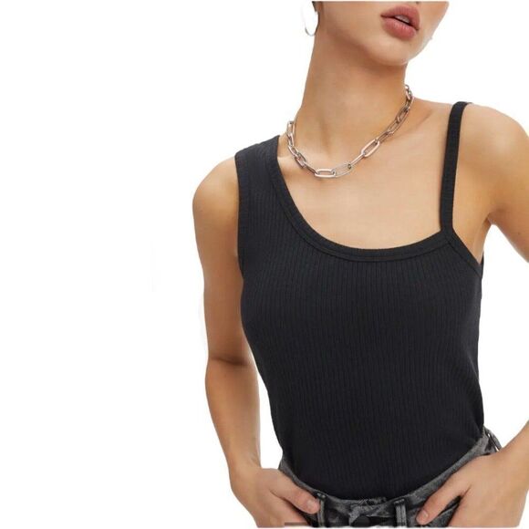 Good American Top Women’s XS Black Asymmetric Ribbed Tank Sleeveless‎ Crop 0 - Picture 1 of 12